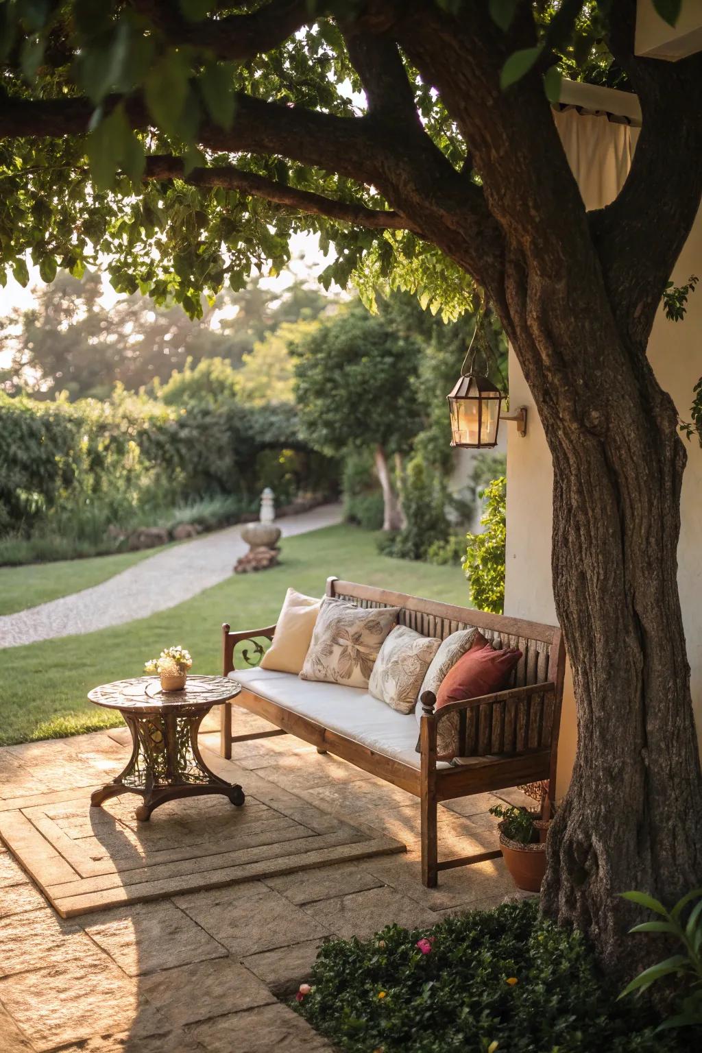 Conceive a welcoming alcove with seating below your tree.