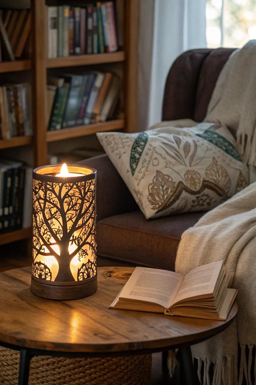 Arbor Vitae light holder emits a warm glow in a reading area.