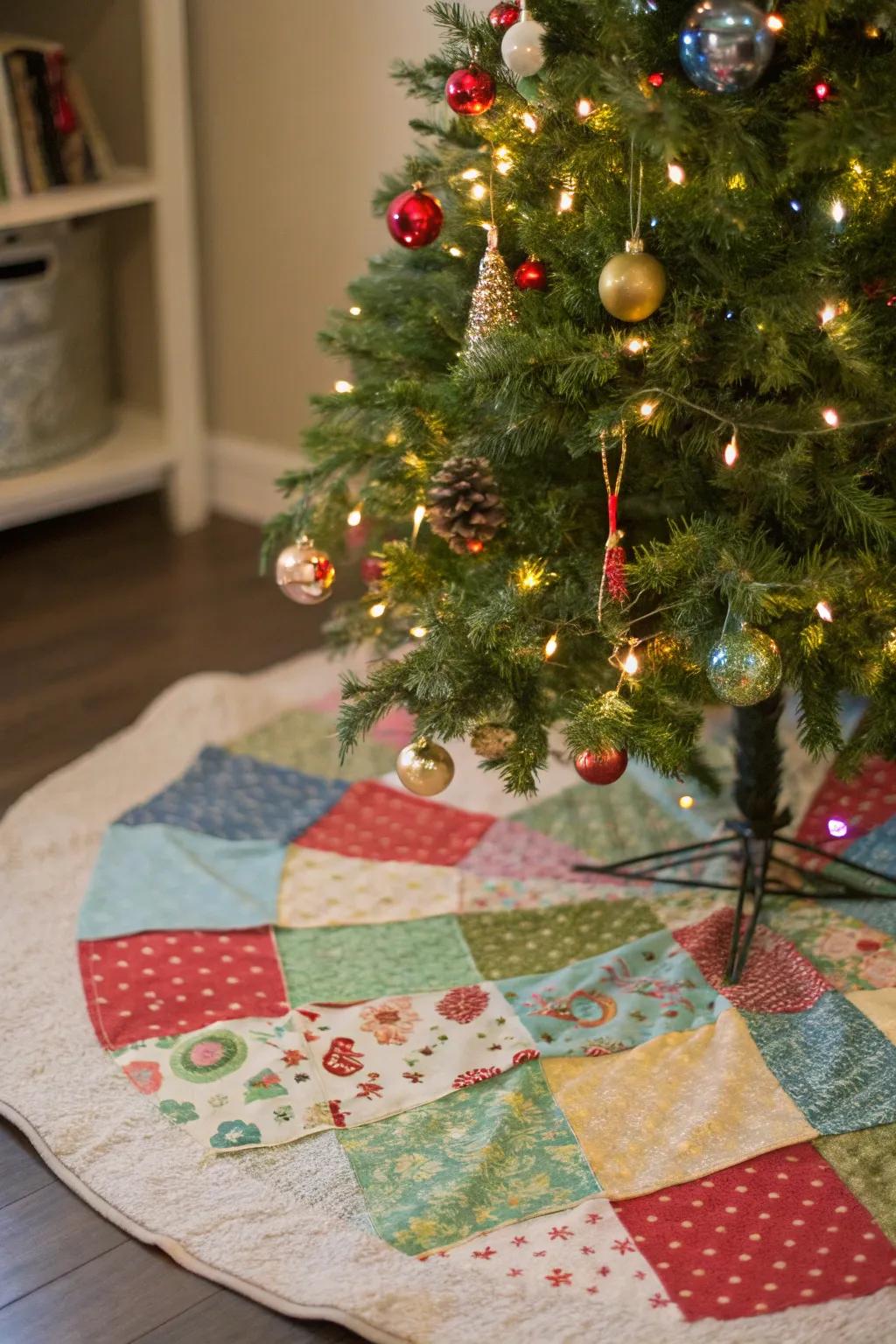 A patchwork tree skirt introduces a personal touch to your holiday arrangement.