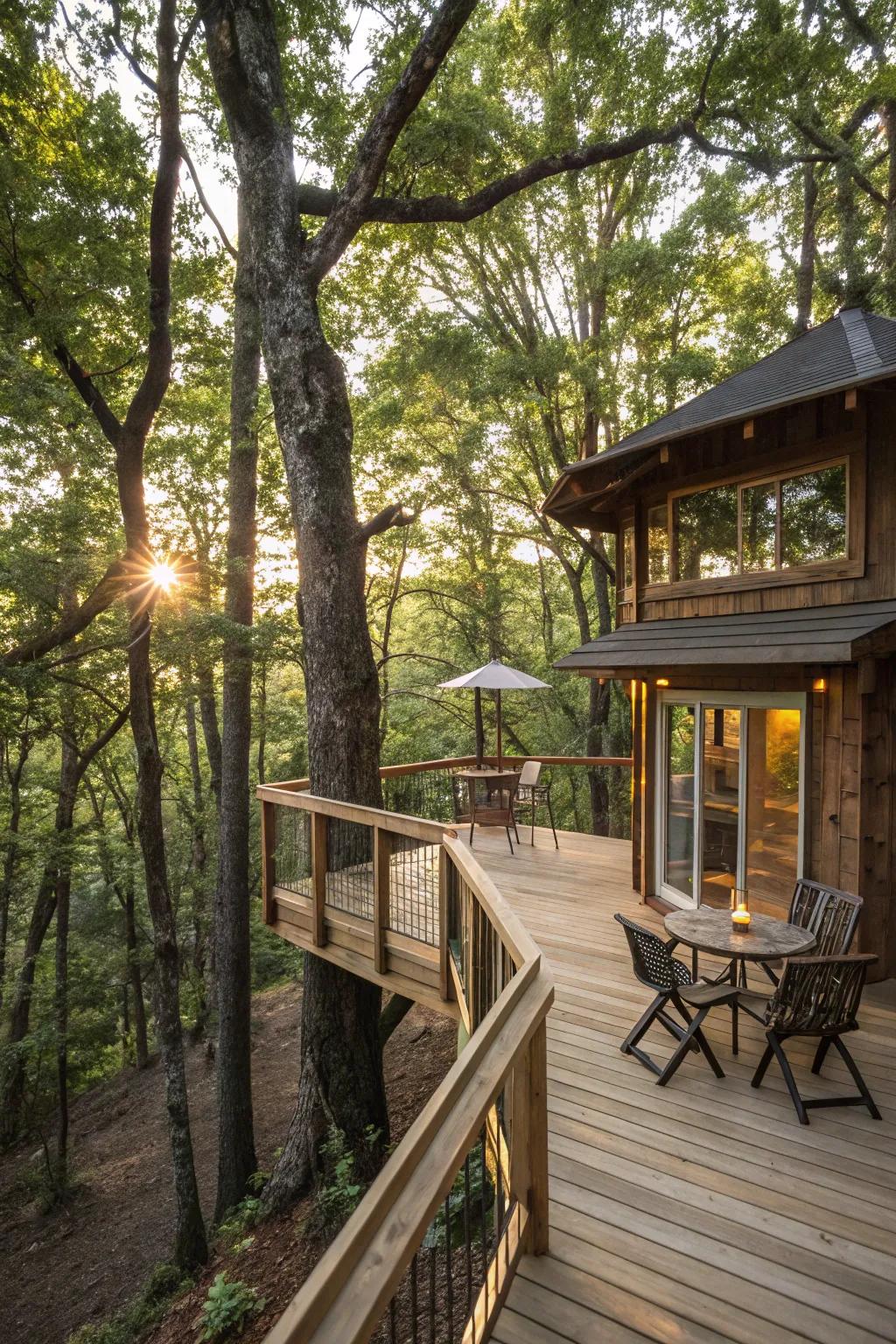 A treehouse deck connecting with nature, offering stunning views of the surrounding forest.