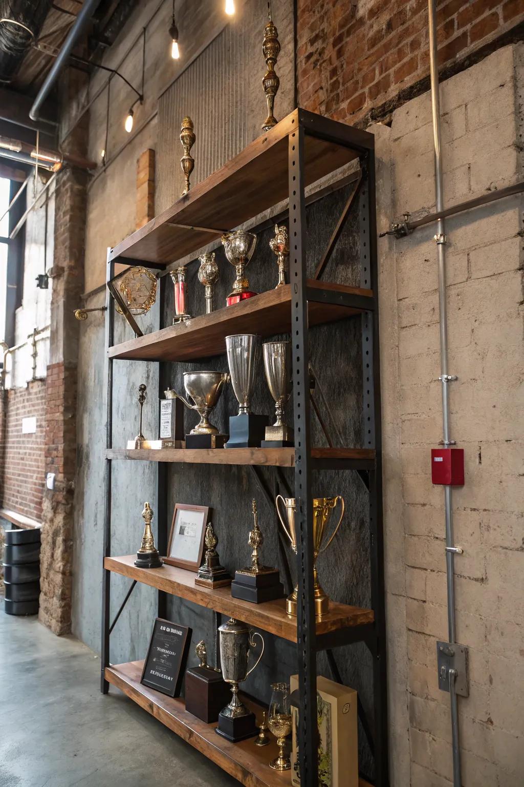 Wood and metal trophy shelf
