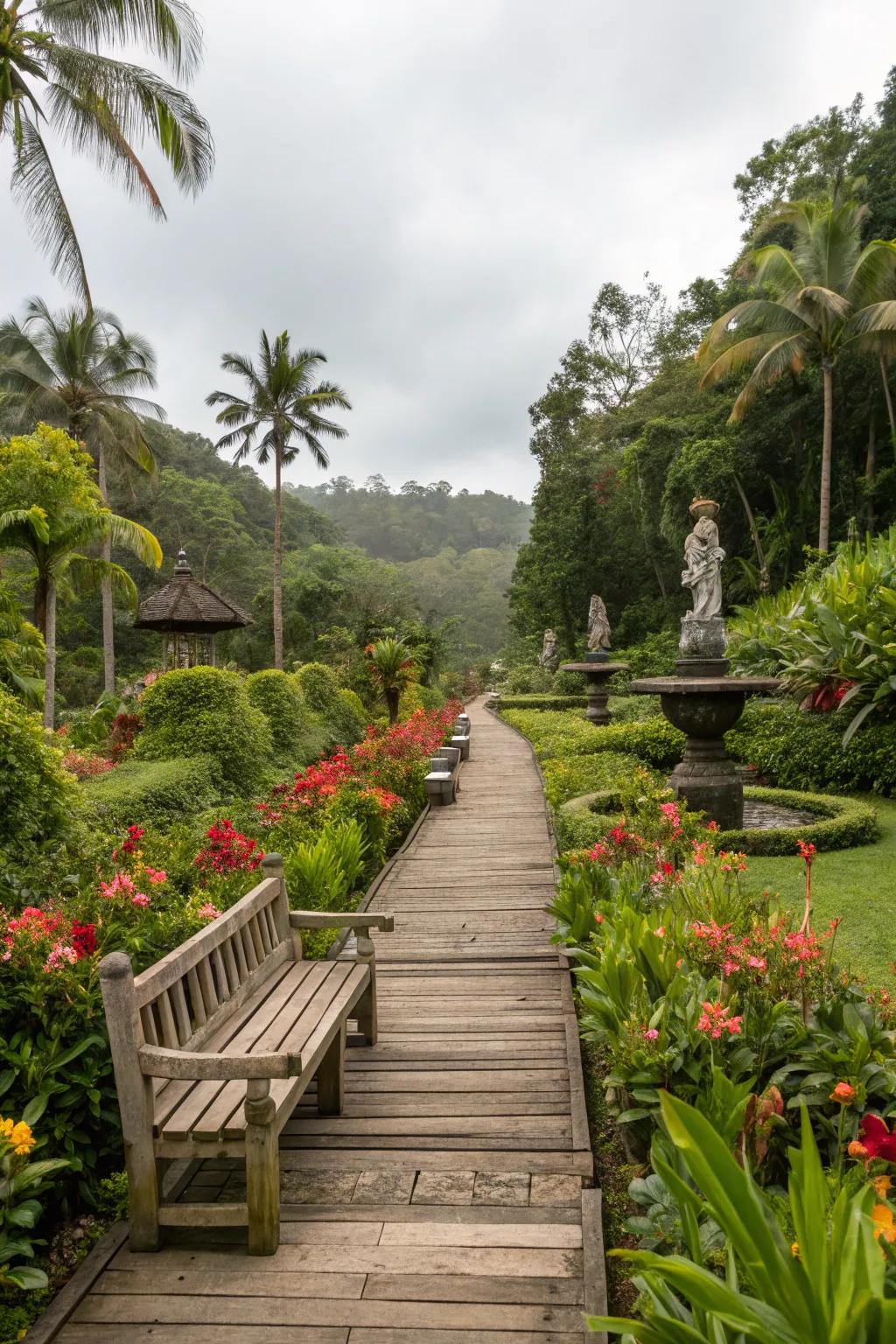 Natural textures of wood and stone enhancing the tropical garden's appeal.