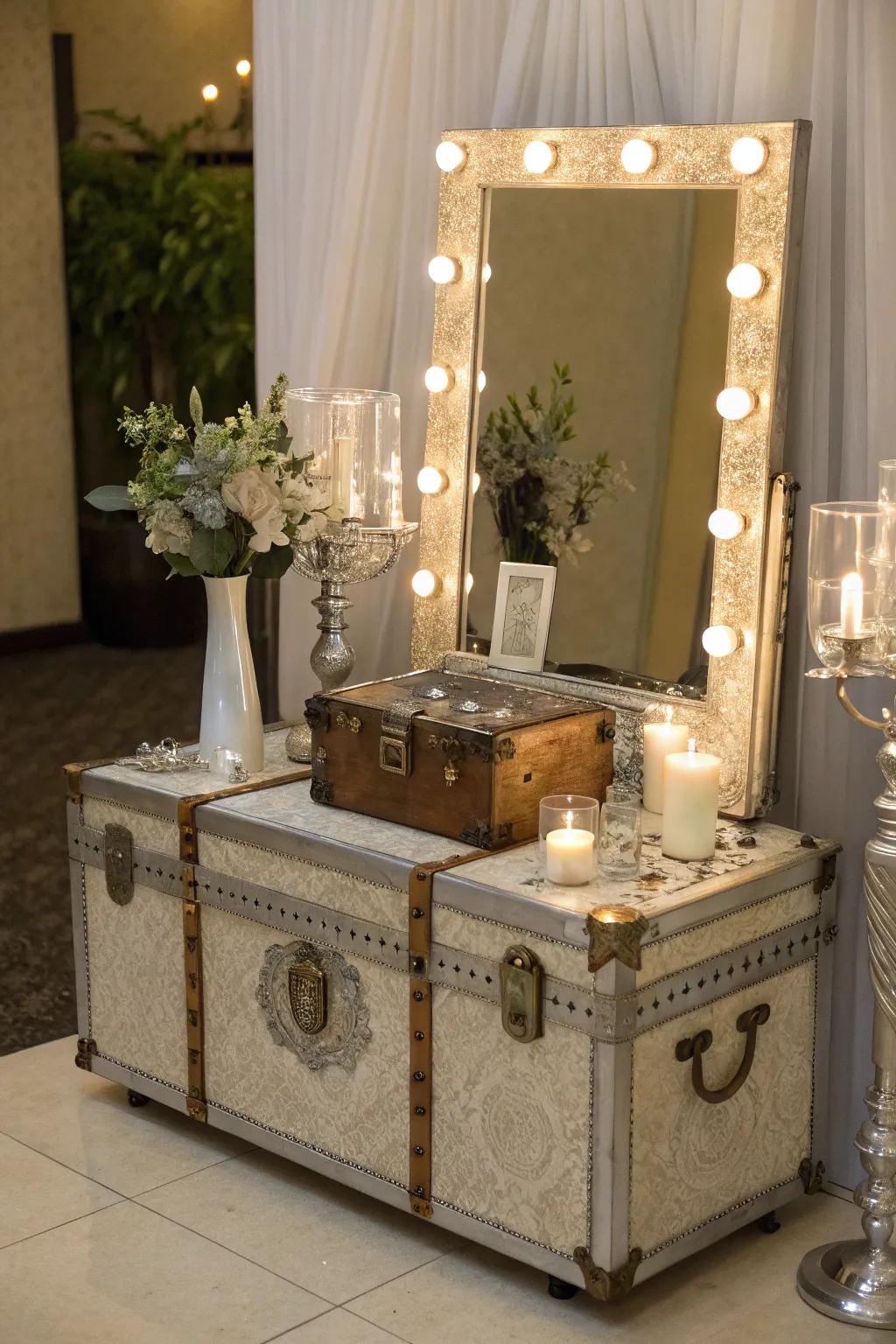 An antique trunk is reimagined as a chic vanity, radiating timeless elegance.