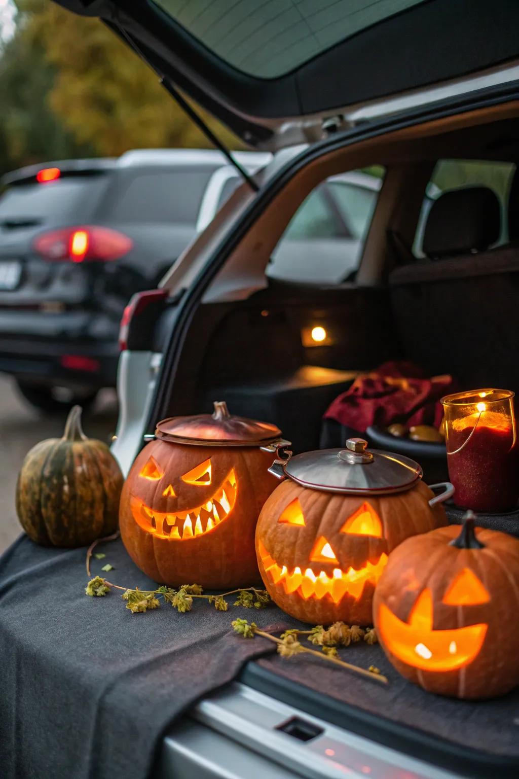 Gourd kettles illuminate the night using spooky charm.