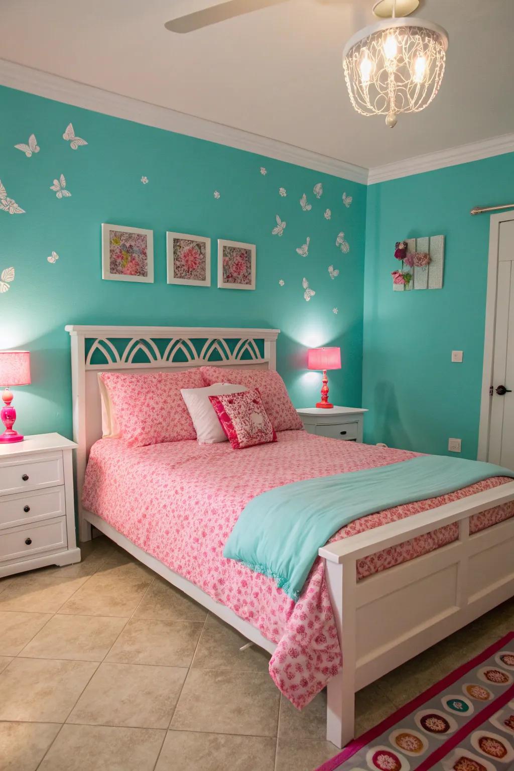 A cheerful combination of turquoise and pink enlivens this bedroom.