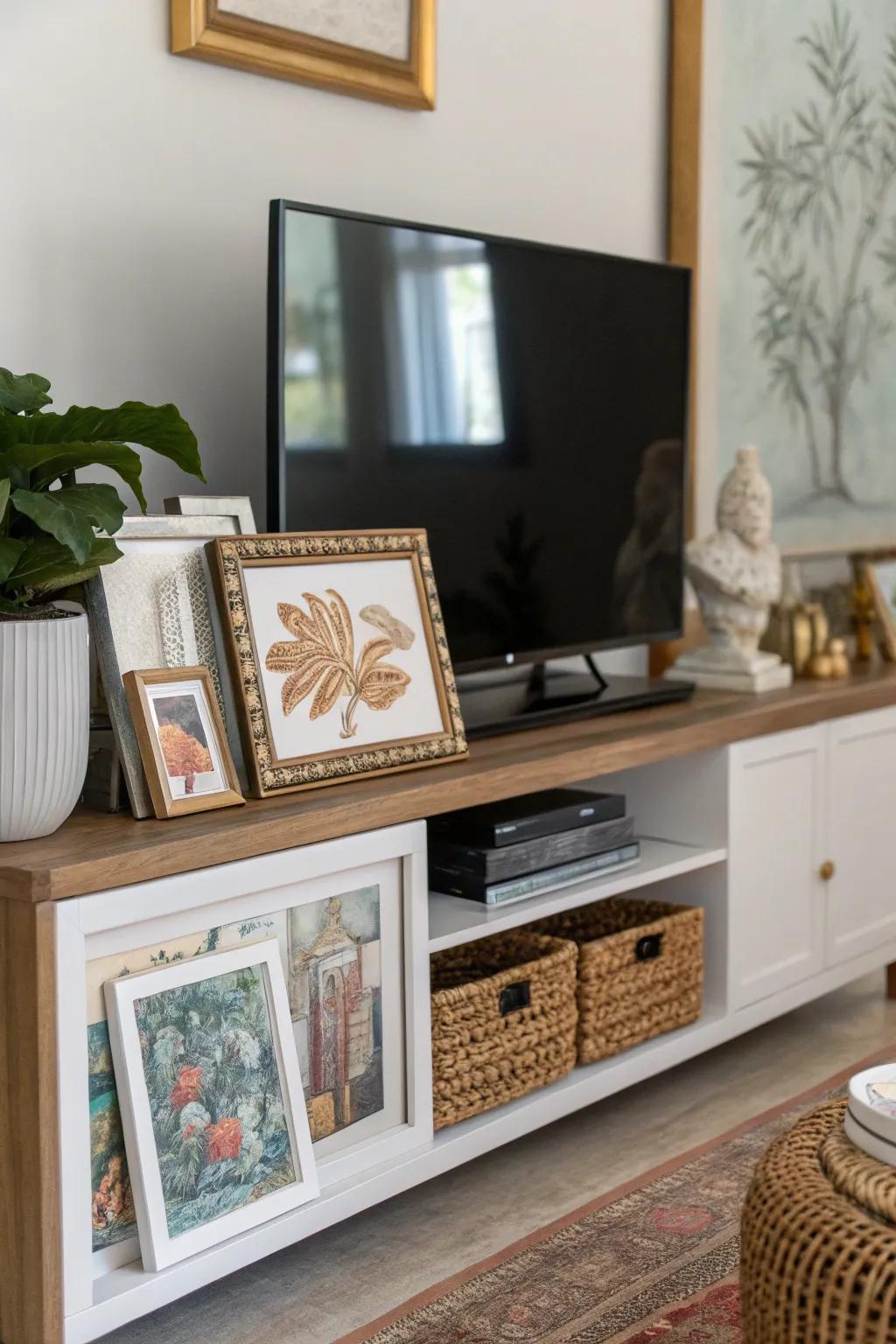 Art and frames injecting character into a TV console setup.