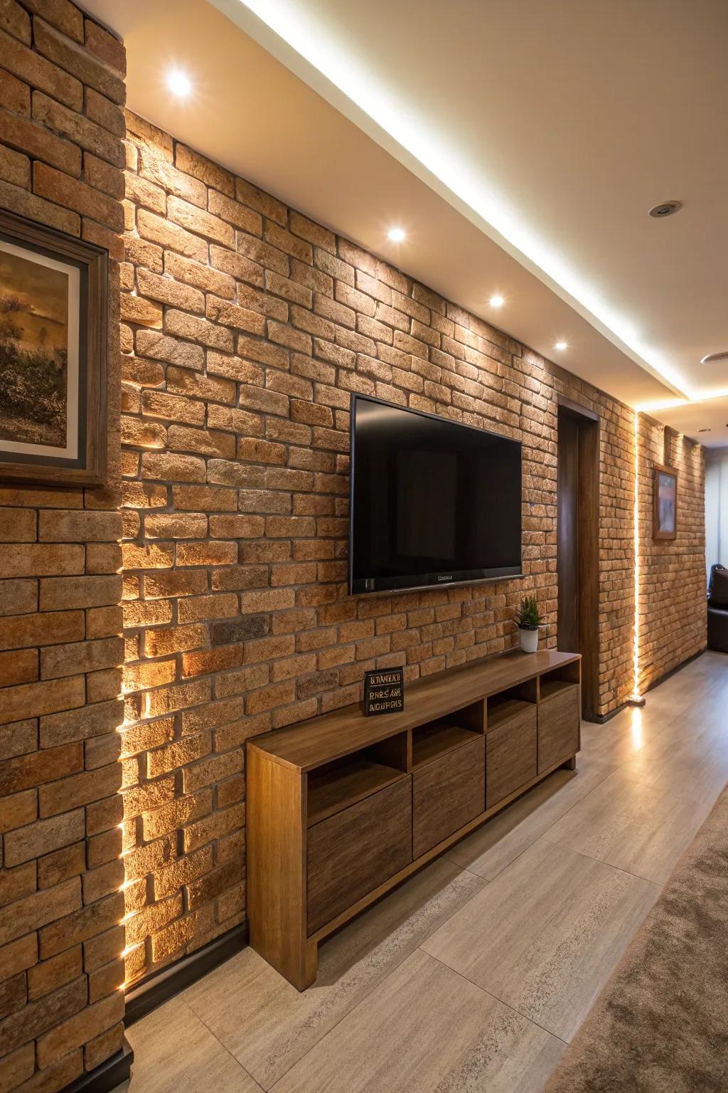 Detailed surfaces add character to this stylish TV wall.
