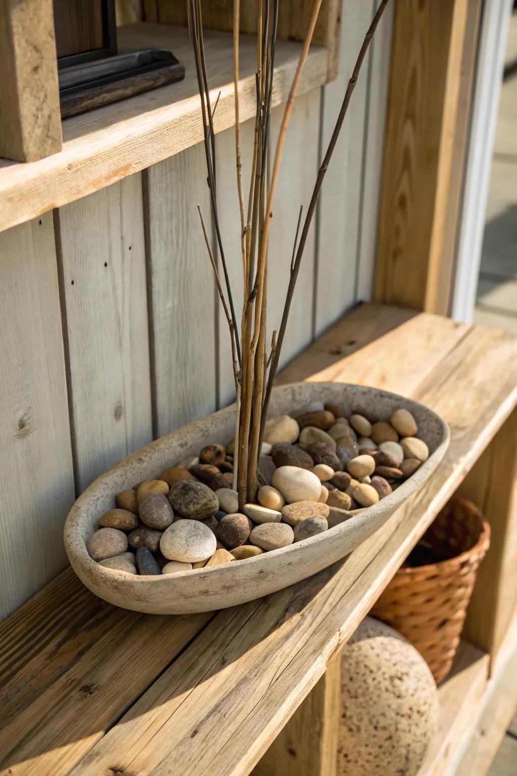 A tactile fusion of branches and gravel.