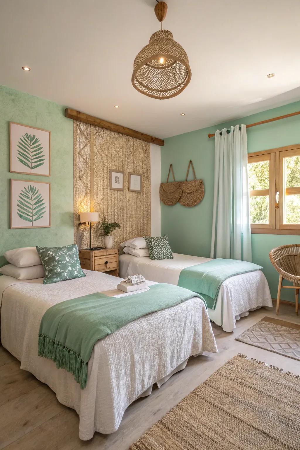 A serene bedroom showcases mint green and beige walls, inviting relaxation.