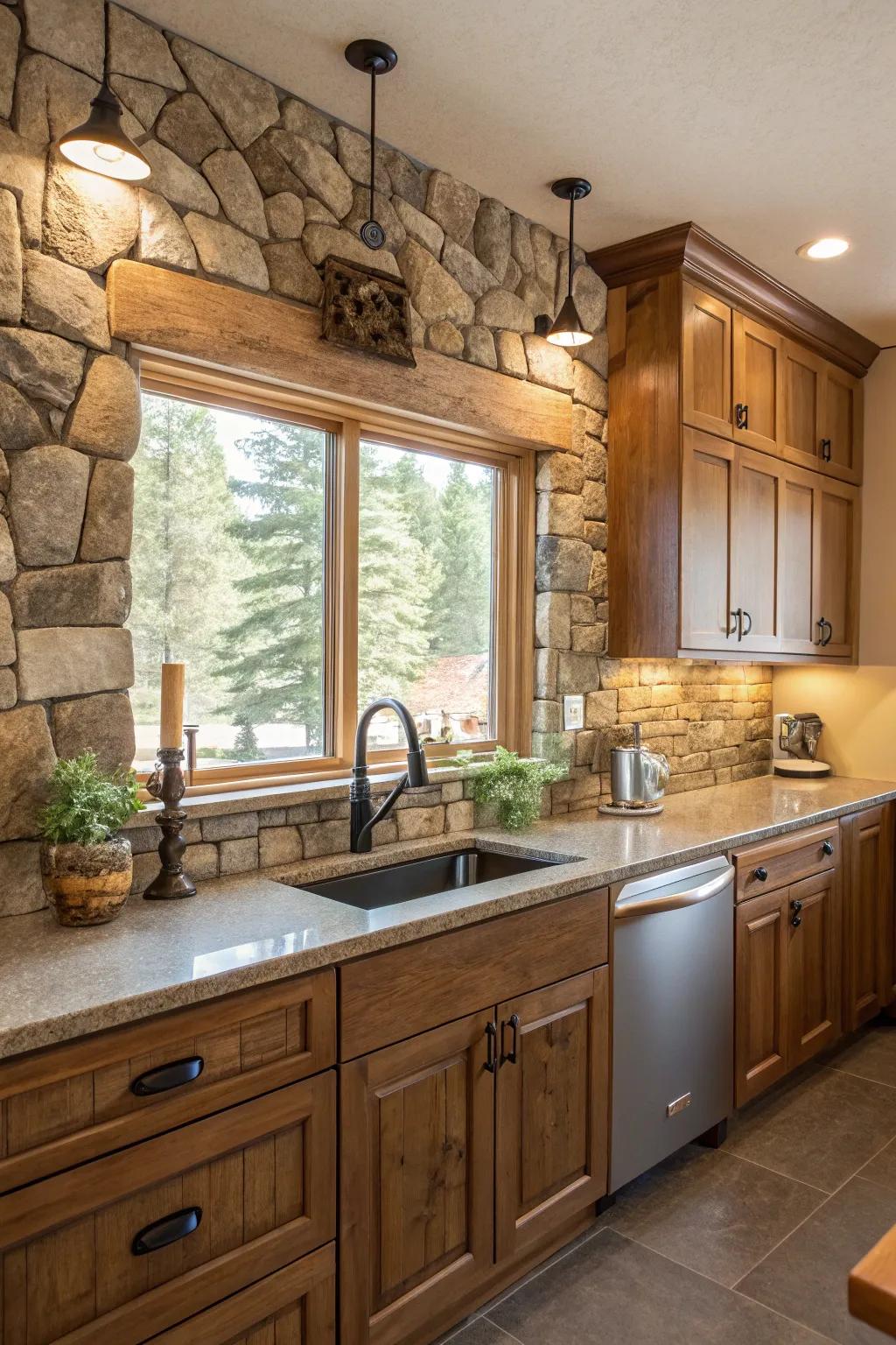 A nature-inspired cooking area integrating stone and timber elements.
