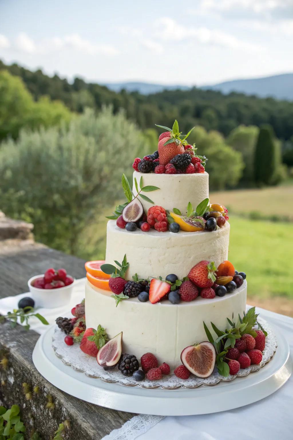A cake adorned with seasonal fruits for a fresh aesthetic.