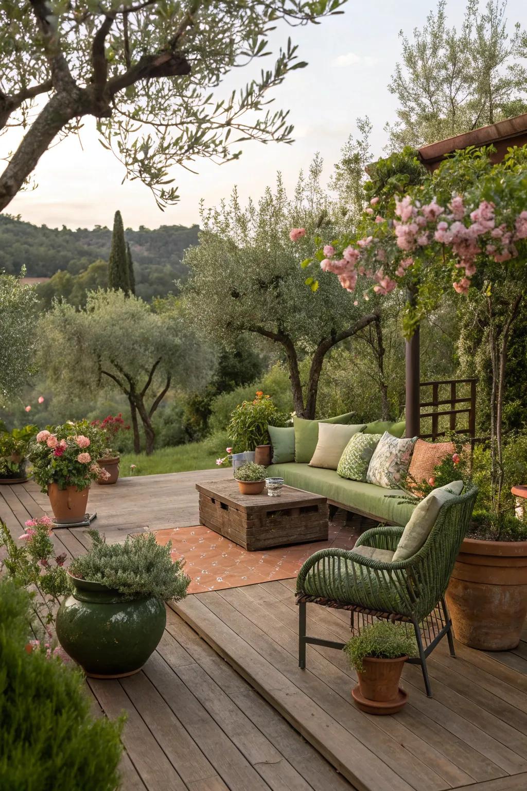Rustic sage and terracotta for a deck that celebrates natural beauty.
