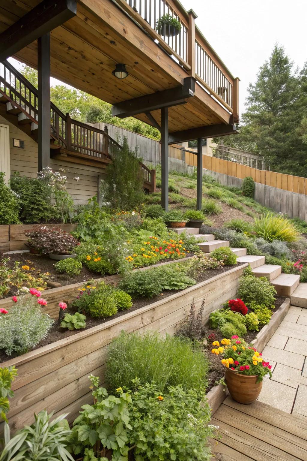 Create levels of beauty with terraced planting areas.