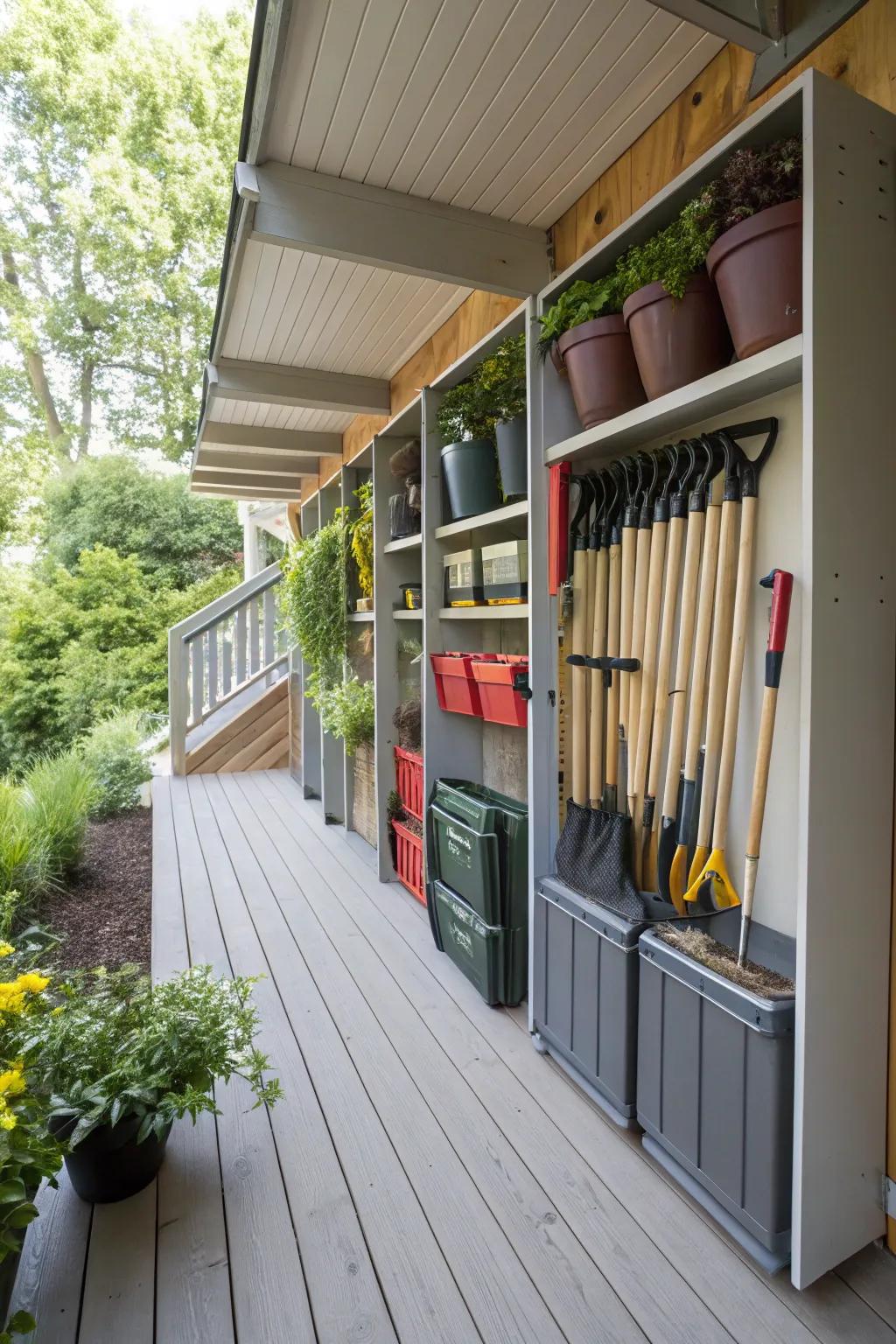 Efficient space-efficient storage solutions under the deck to cater to your outdoor needs.