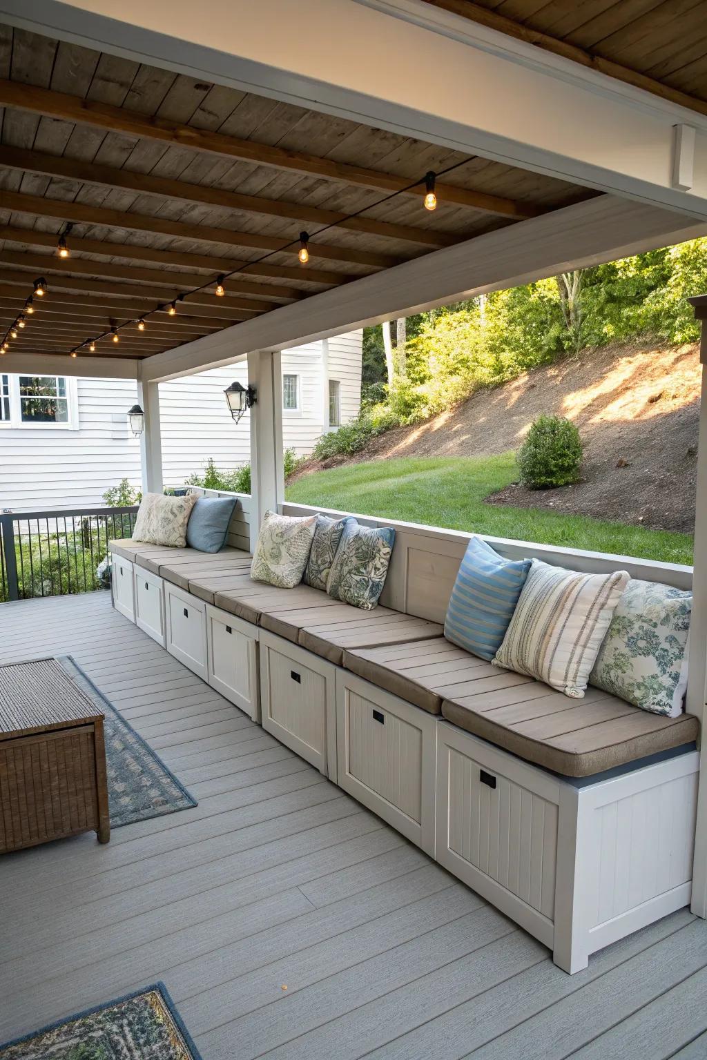 Practical outdoor solutions include weatherproof benches that function as both seats and storage.