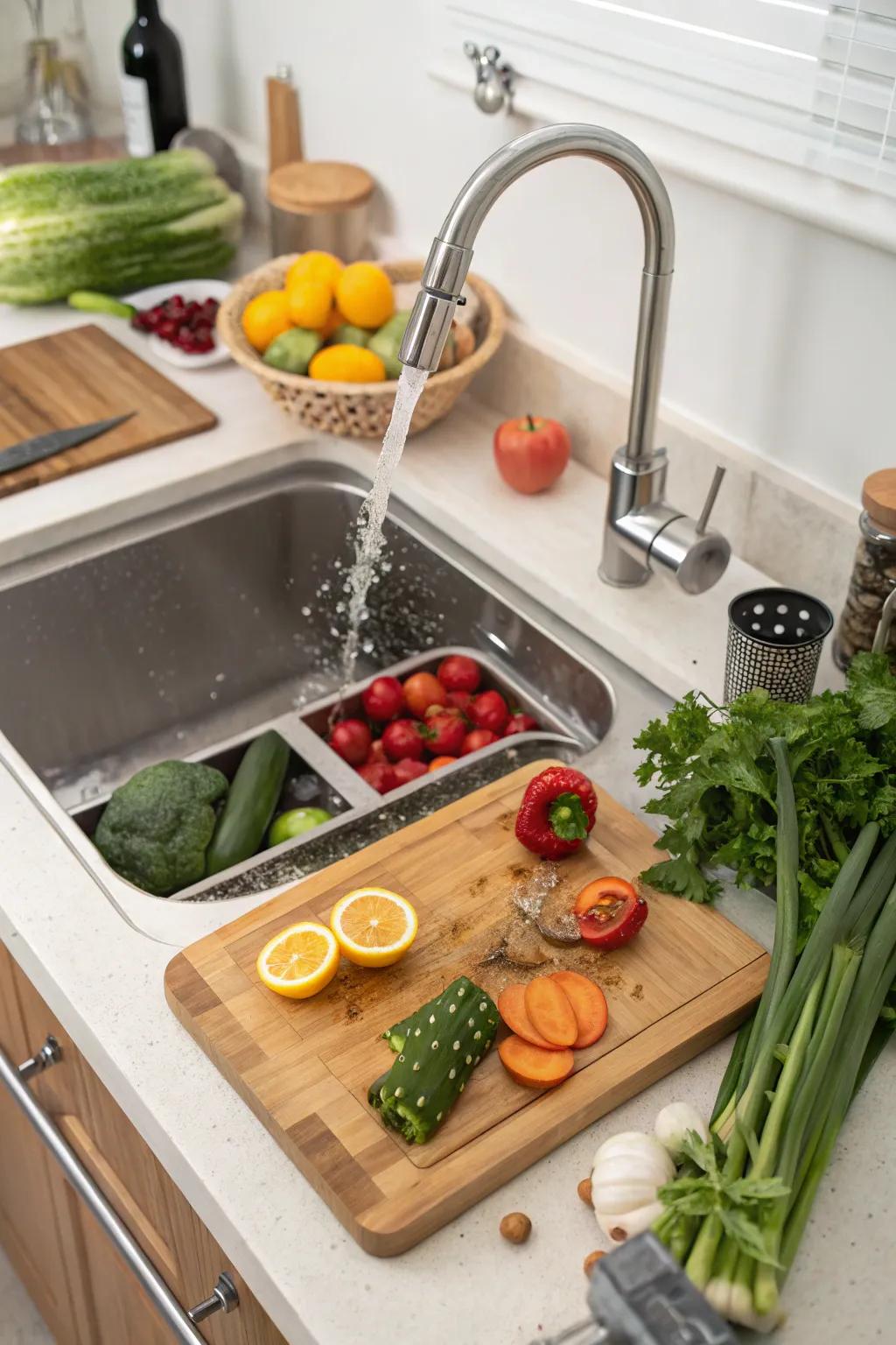 An undermount sink equipped with a built-in cutting surface, enhancing the kitchen’s practical application.