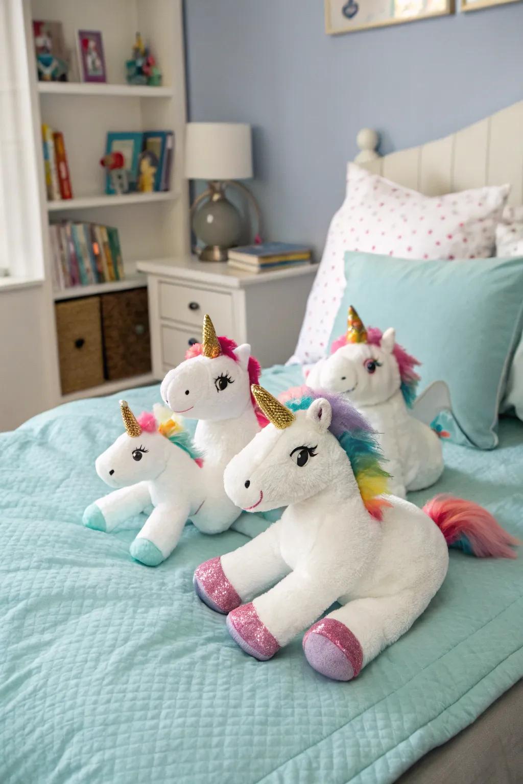 Plush unicorn toys adding comfort and whimsy.