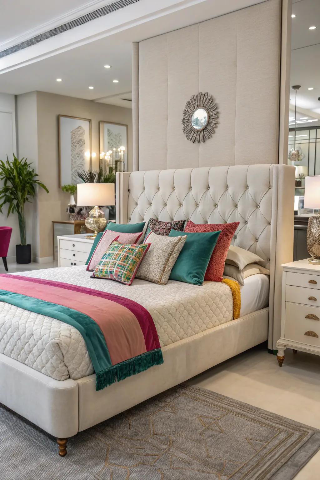 This upholstered bed is given color and personality by the use of accent pillows.