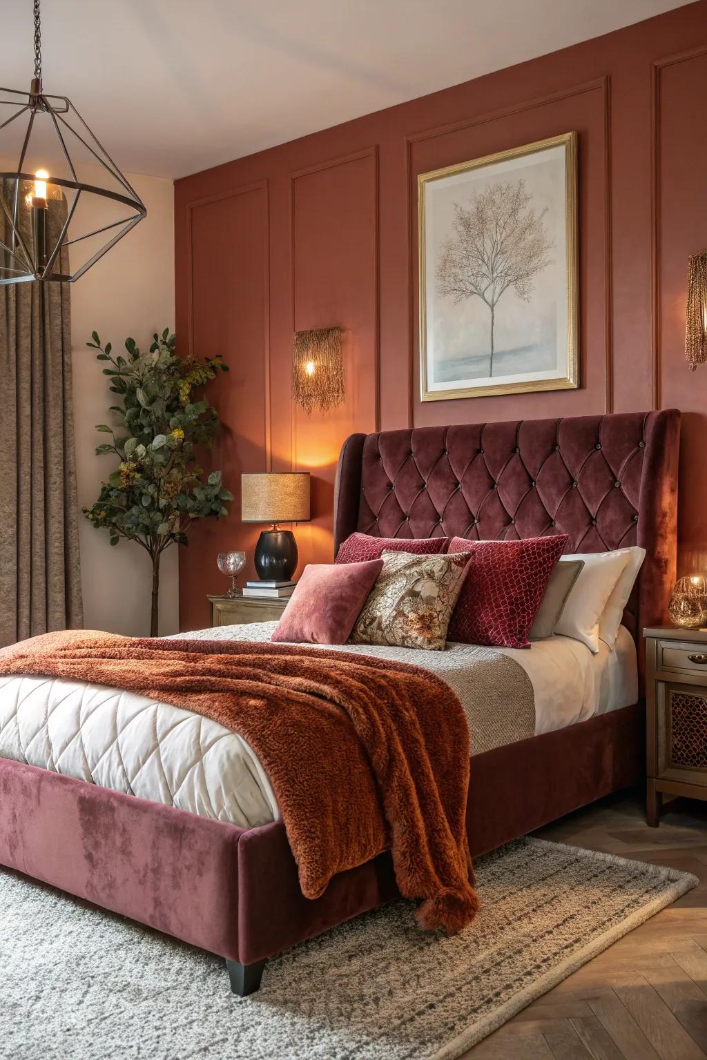 Velvet cushioning infuses the bedroom with luxury and warmth.