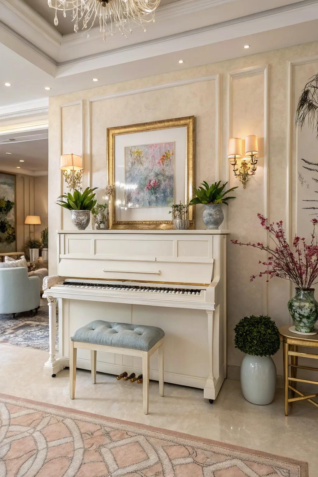 A refined setting featuring an upright piano space, unified by a consistent color palette.