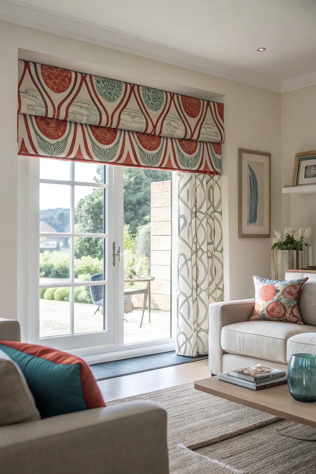 A modern living room featuring a window with a custom-printed abstract valance.