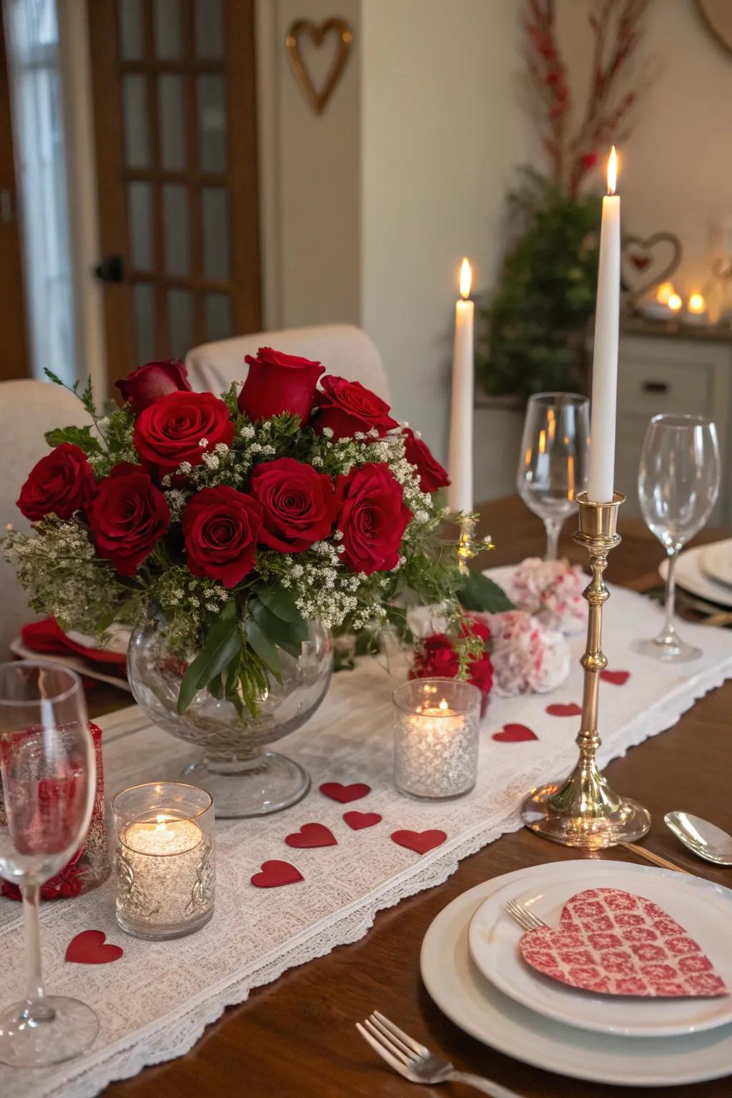 A table scape featuring a floral centerpiece and themed decor.