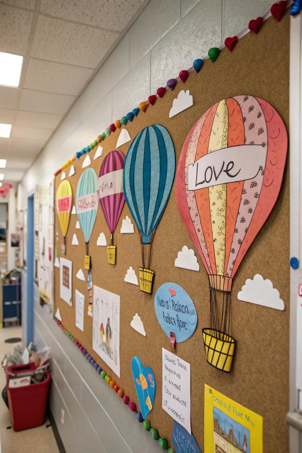 A Love is in the Air bulletin board presenting hot air balloons and communications.
