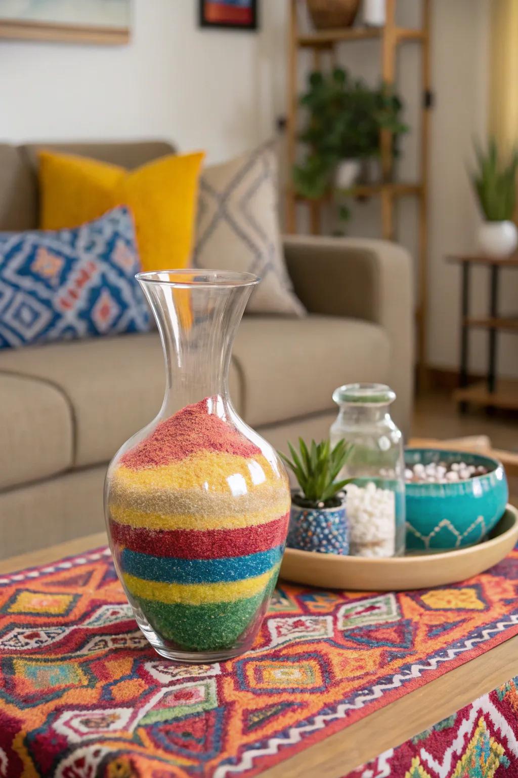 Present imagination using stacked colorful sand.
