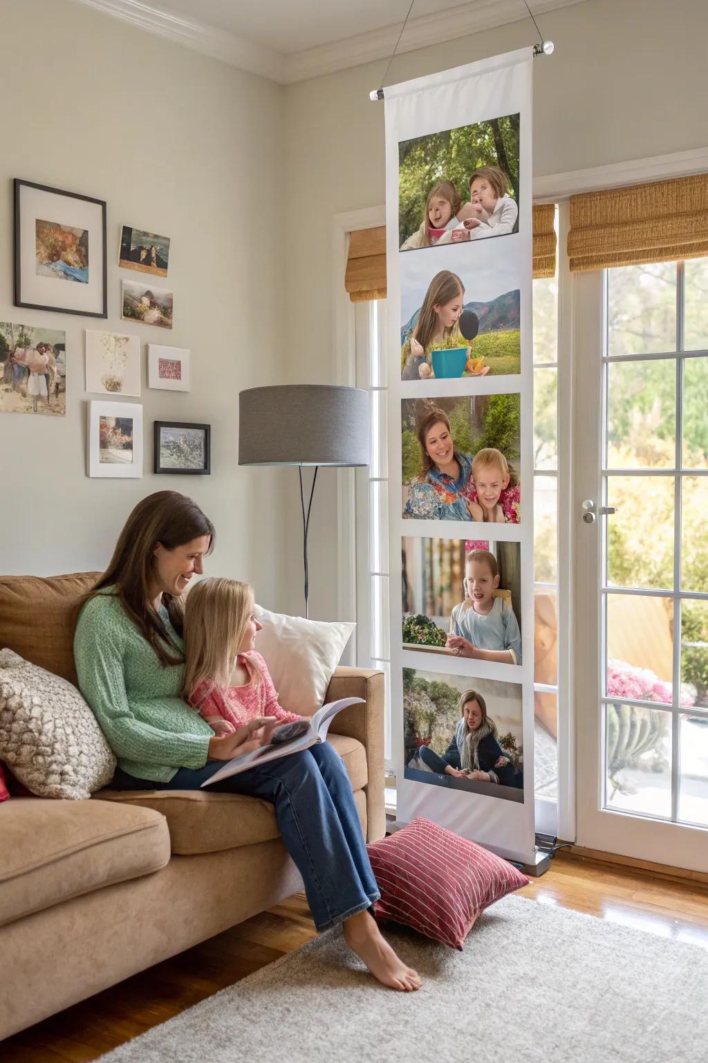 A living room is brought to life with a photo collage banner filled with cherished memories.