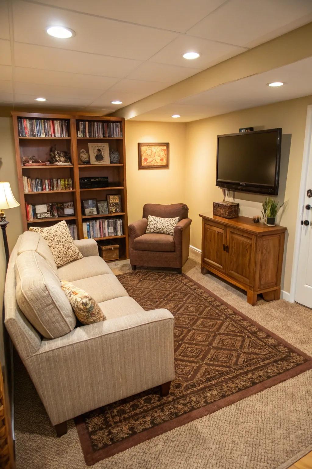 An area rug defines the area and adds warmth