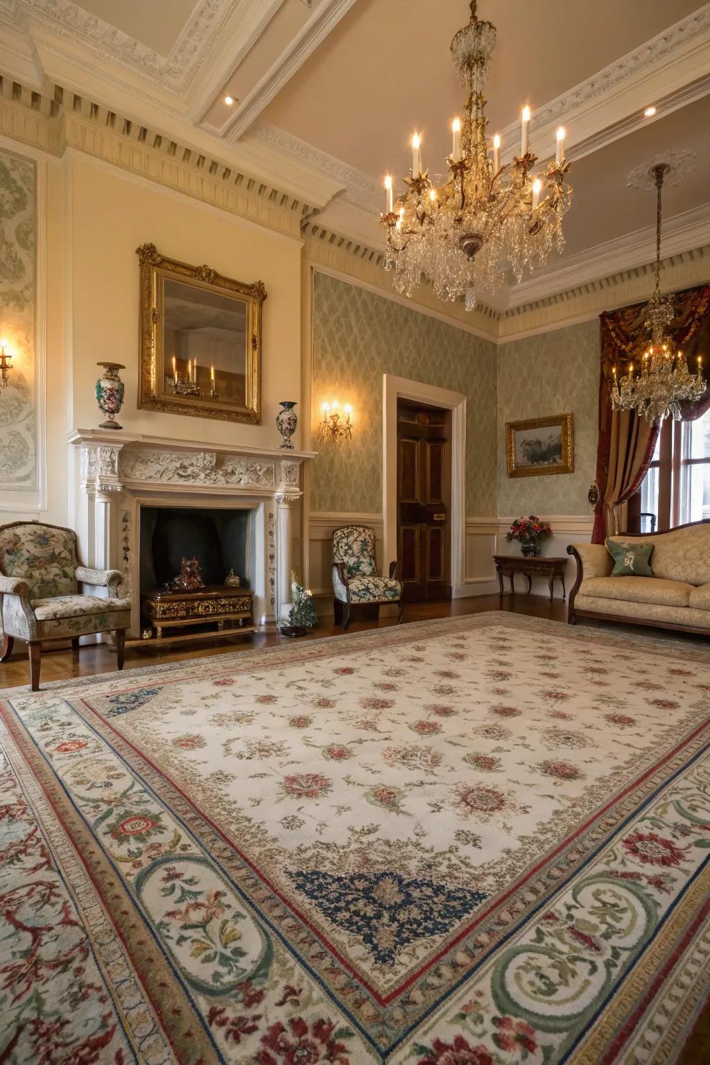 A patterned rug unifies the space through warmth and texture.