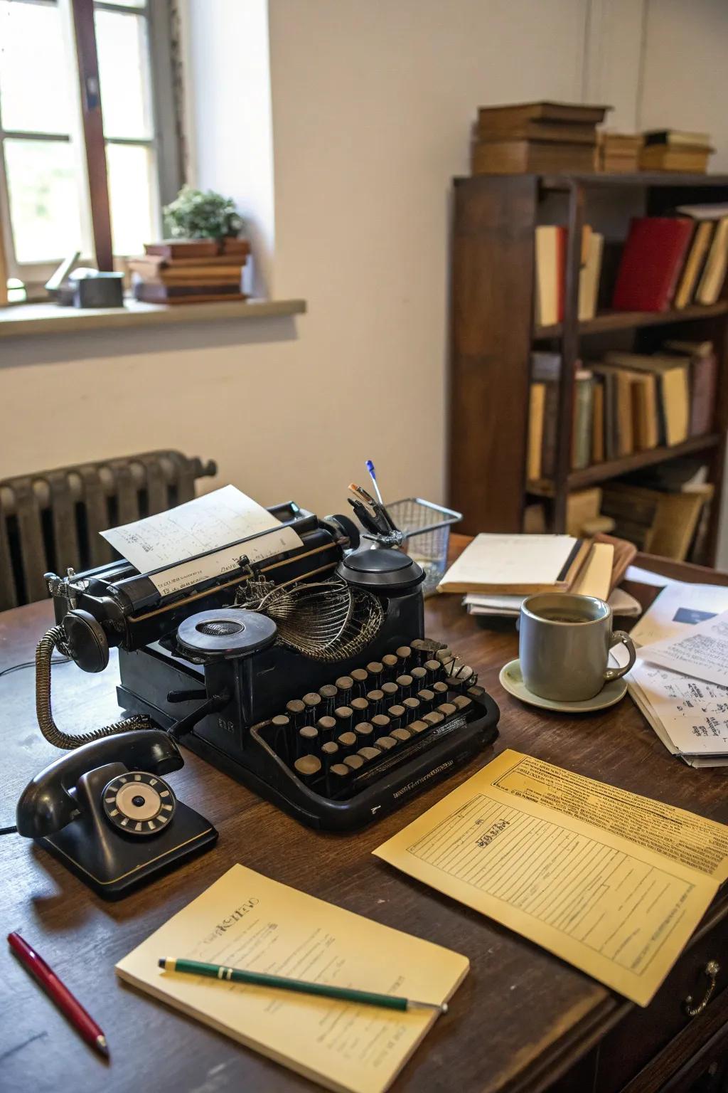 A classic typewriter adds a nostalgic touch to the office desk.