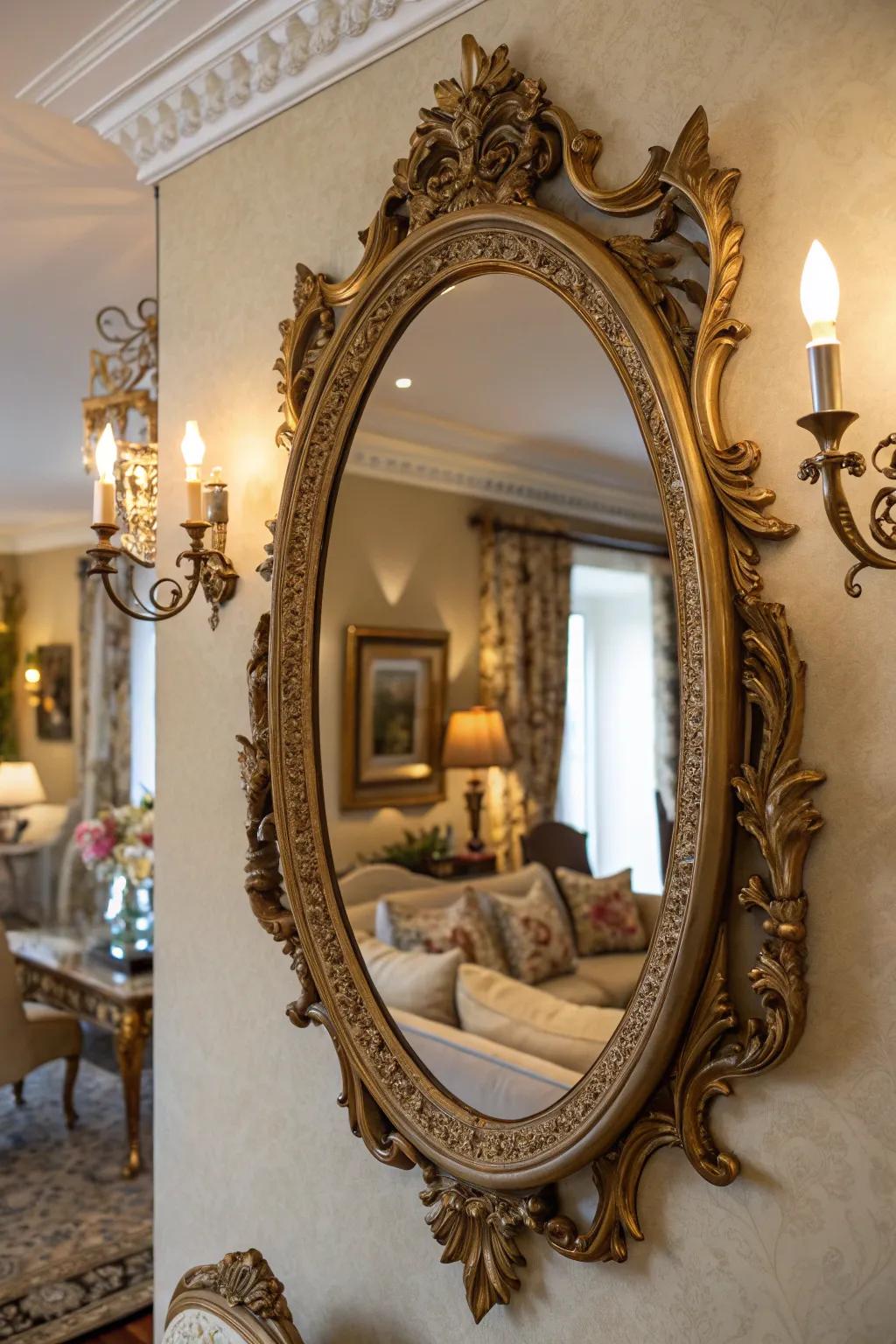A decorative retro mirror enhancing the elegance of a living room.