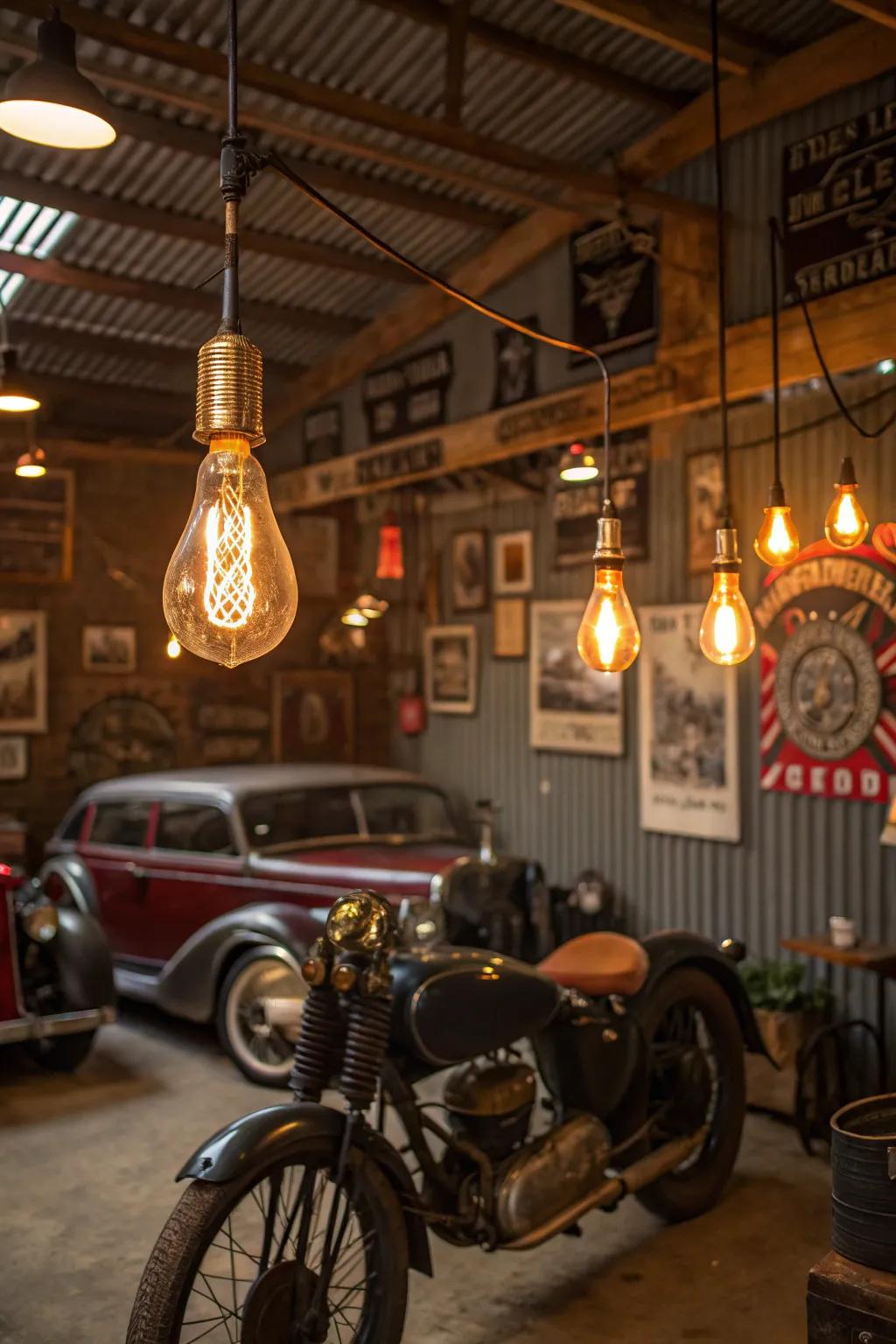 Ambient lighting establishes the mood within a vintage garage.