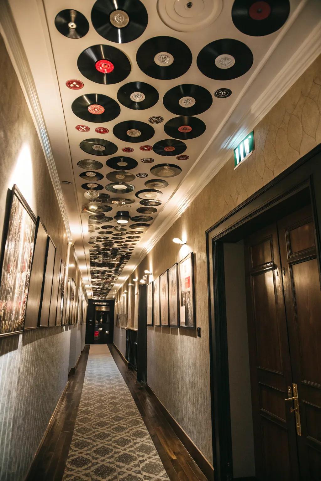 Incorporate an unexpected element by adorning your ceiling with vinyl records.