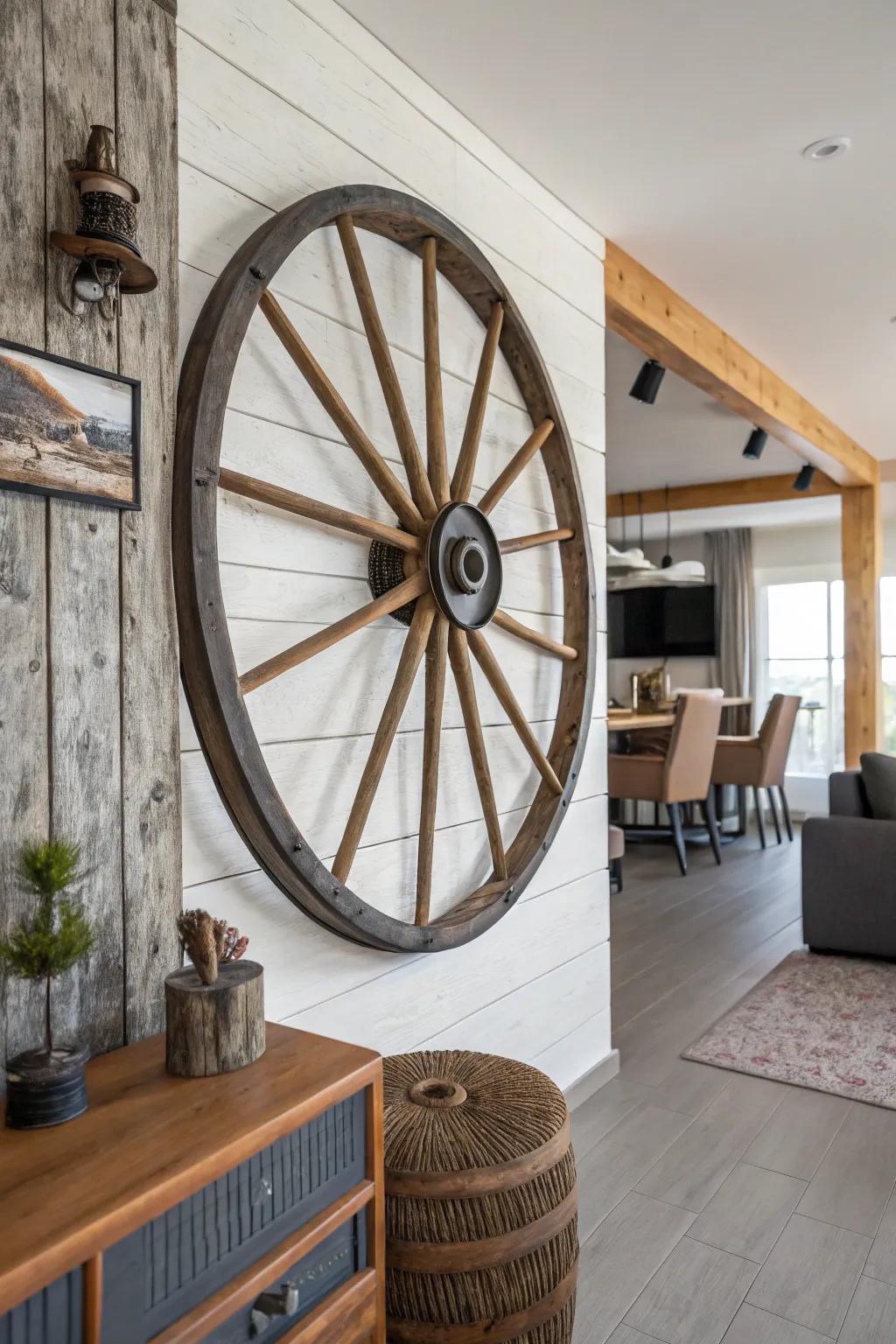 Inside this modern country décor, varied materials bring a cart wheel to life.