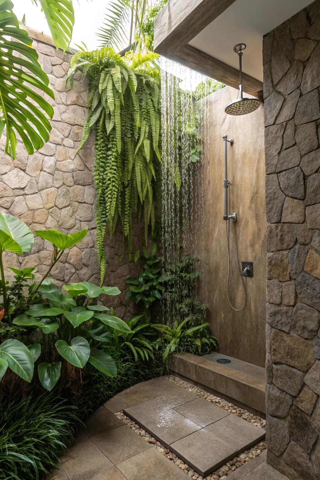 Shower with plants and rock textures.