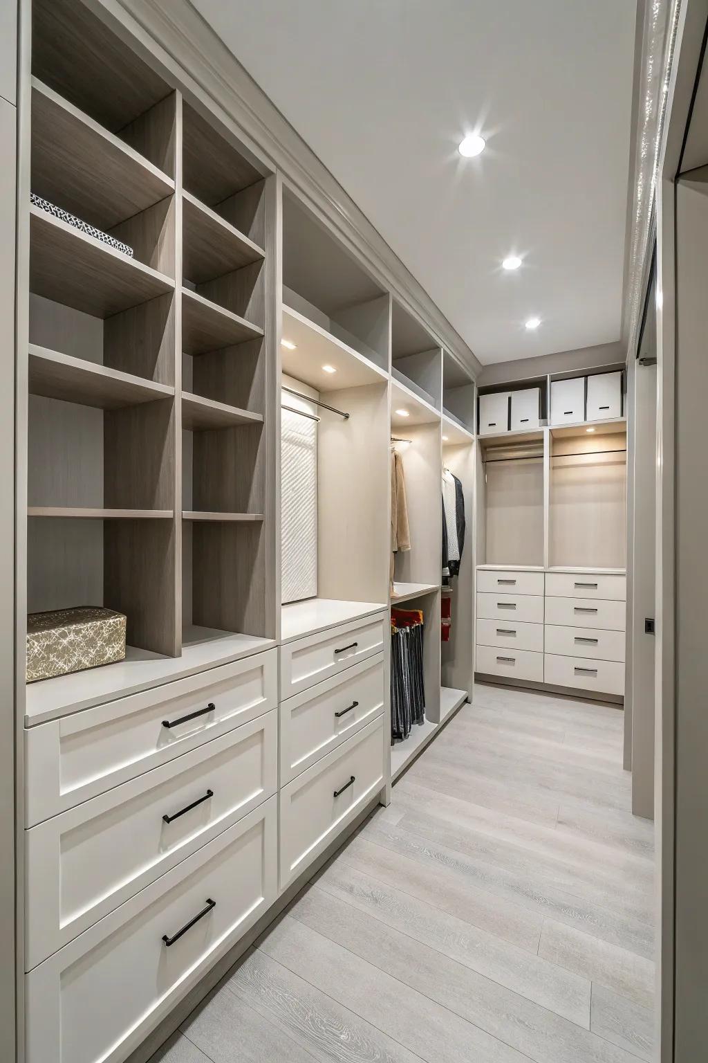 A walk-in closet styled in neutral shades, creating a modern, serene feel.