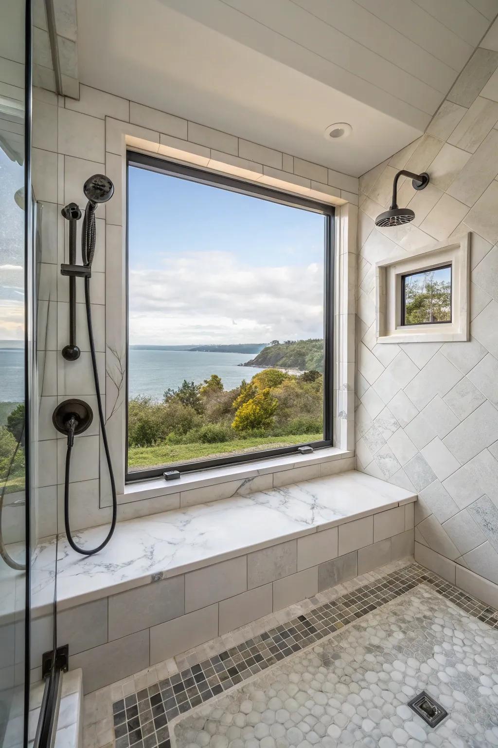 A walk-in shower that includes a window seat, creating a perfect space for relaxation and enjoying the view.