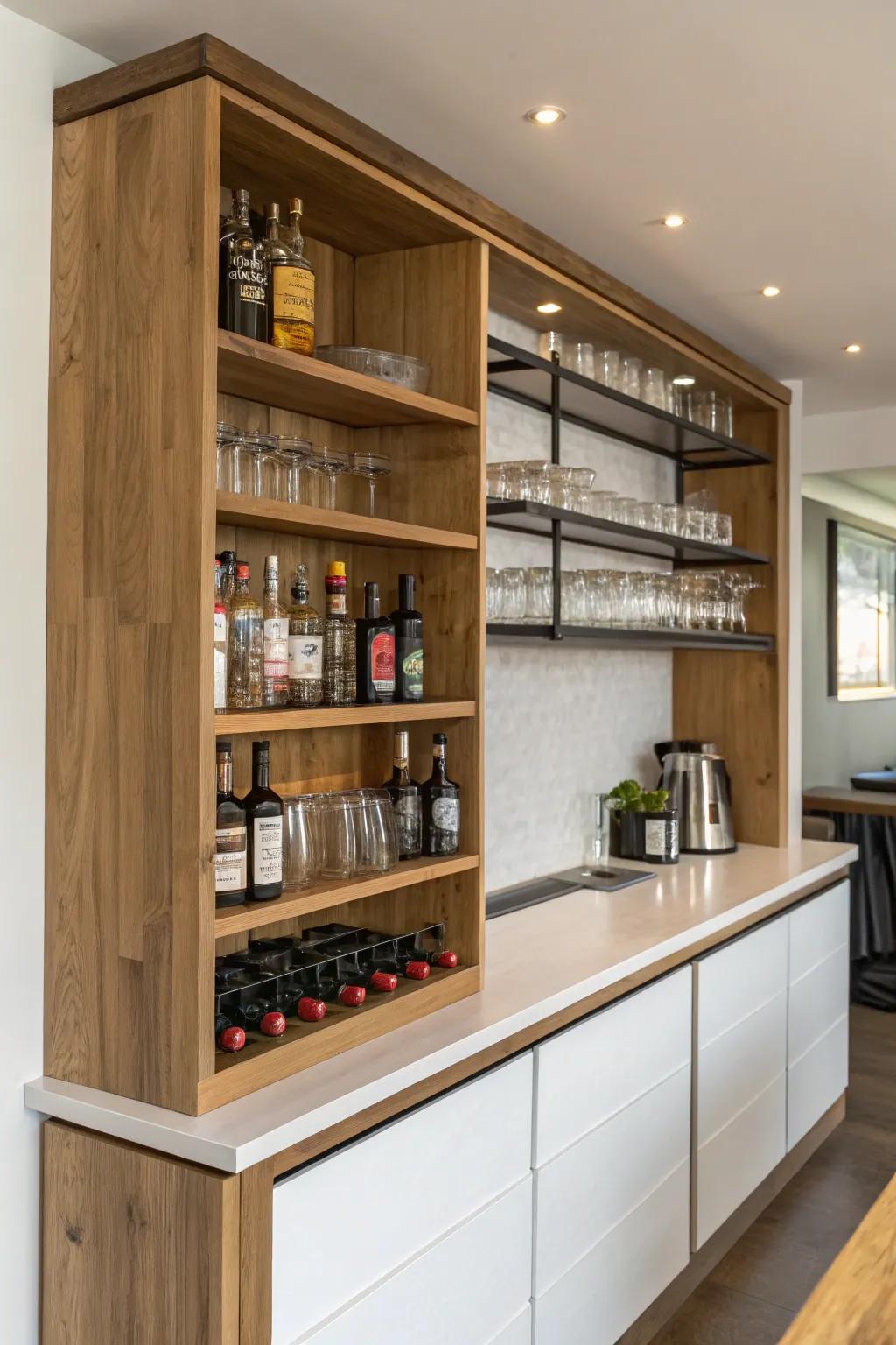 Concealed storing appends functionality to your wall bar without compromising on elegance.