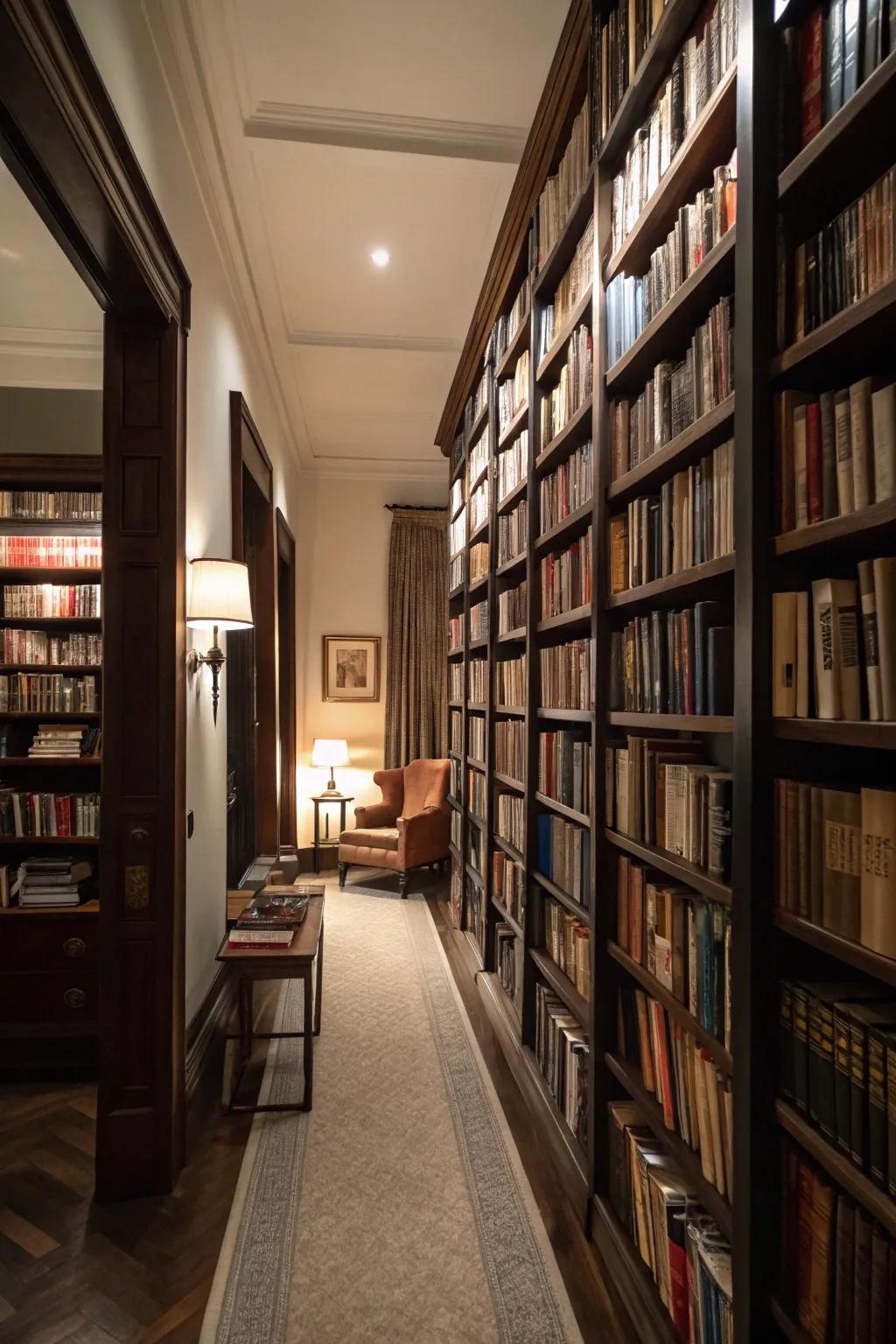 Floor-to-ceiling bookshelves create an impressive central point.