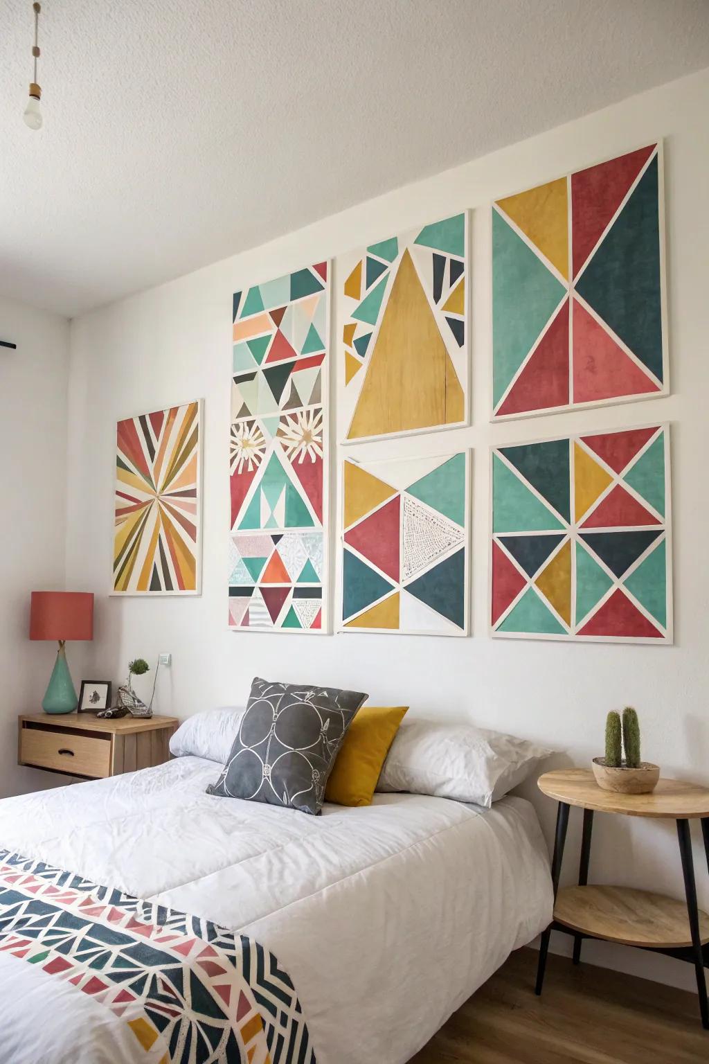 Modern geometric art establishes a sleek and contemporary aesthetic.