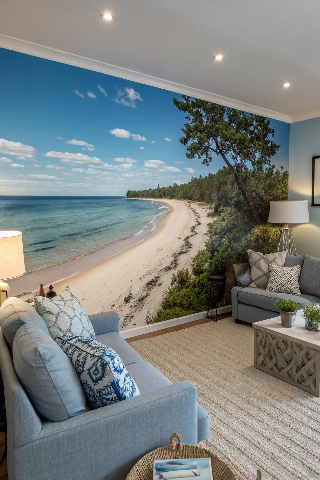 Relax with the calming vibes of a beach escape mural.
