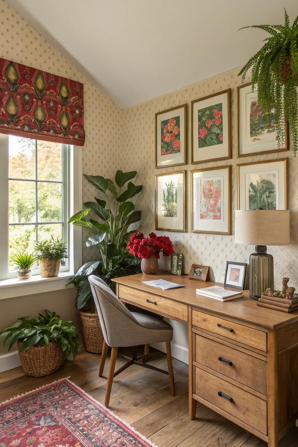 Emphasis walls incorporating flora and artwork fashion a captivating presentation.