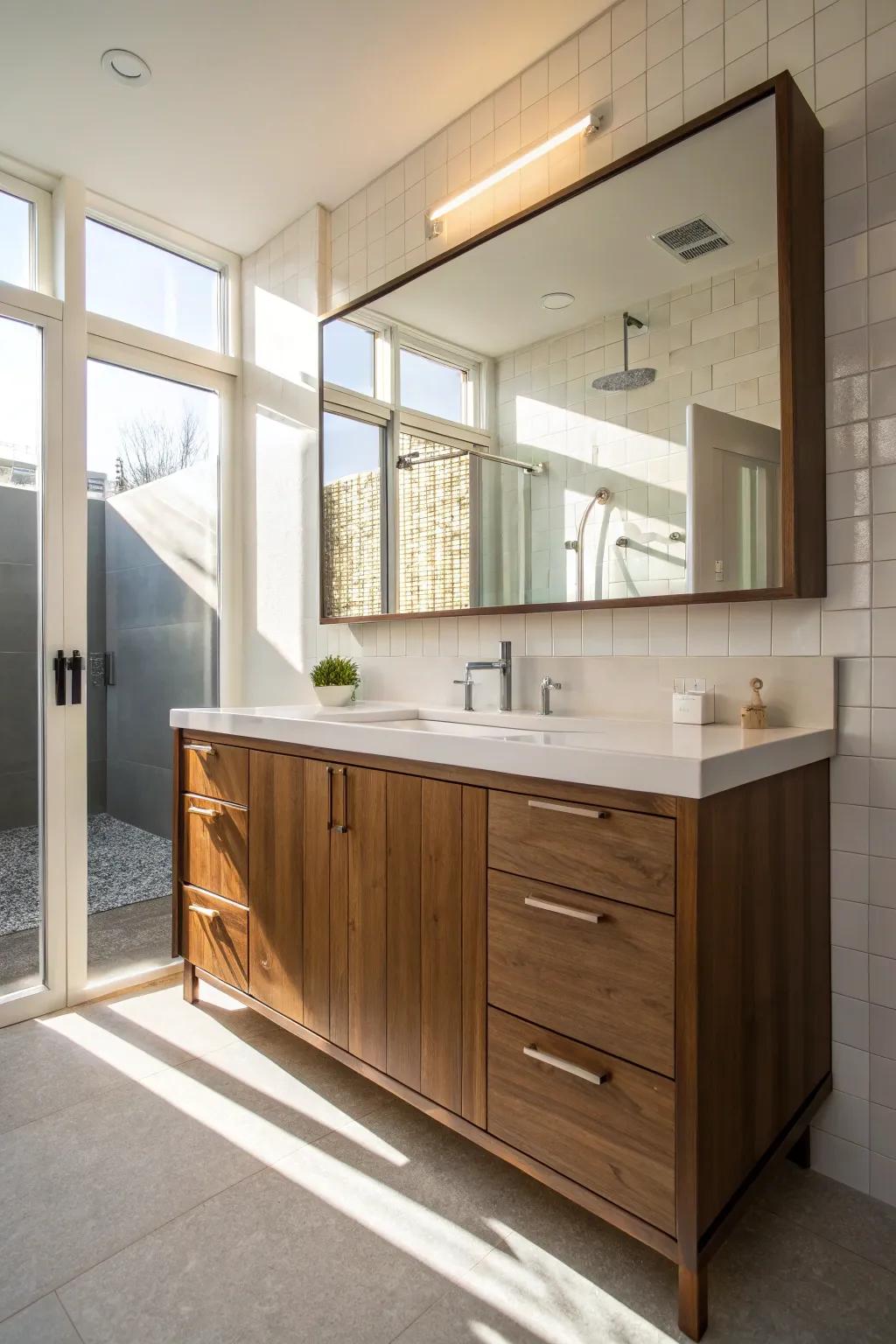 Illuminate your bathroom with natural sunlight to accentuate your pecan vanity.