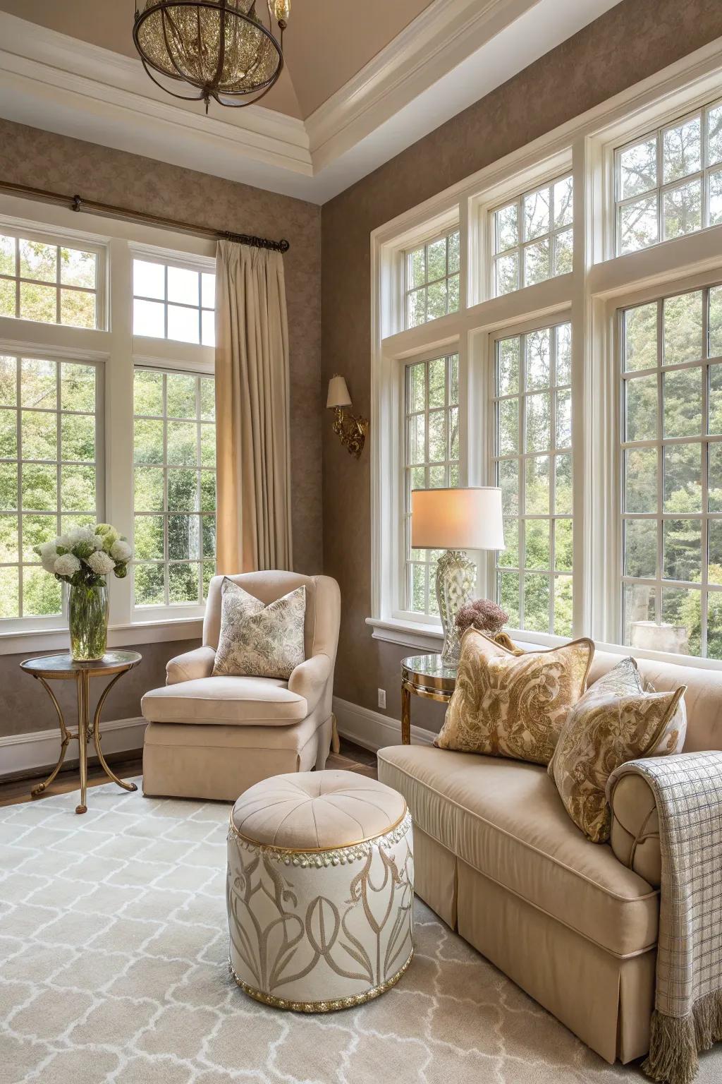 A sunroom with taupe walls, radiating neutral elegance and balance.