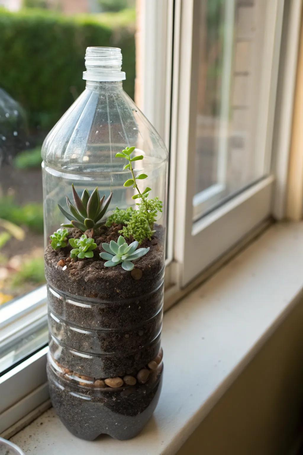 A drinking bottle repurposed as a succulent planter.