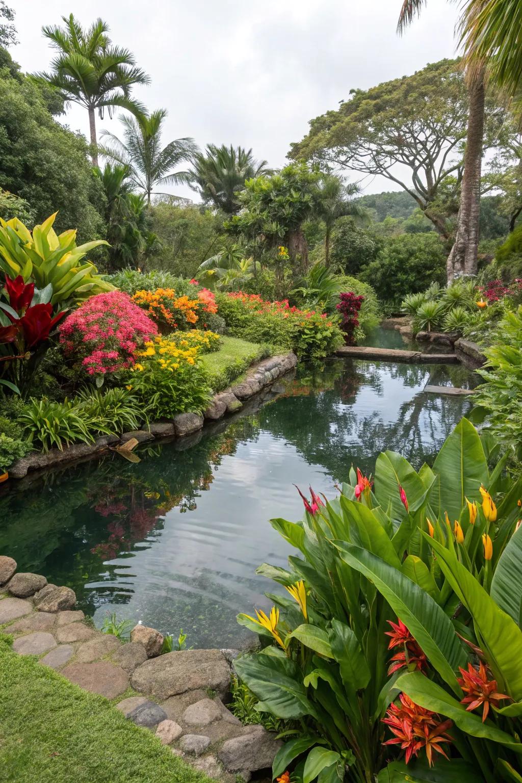 Lush plants near water features make a vibrant and rich scene.