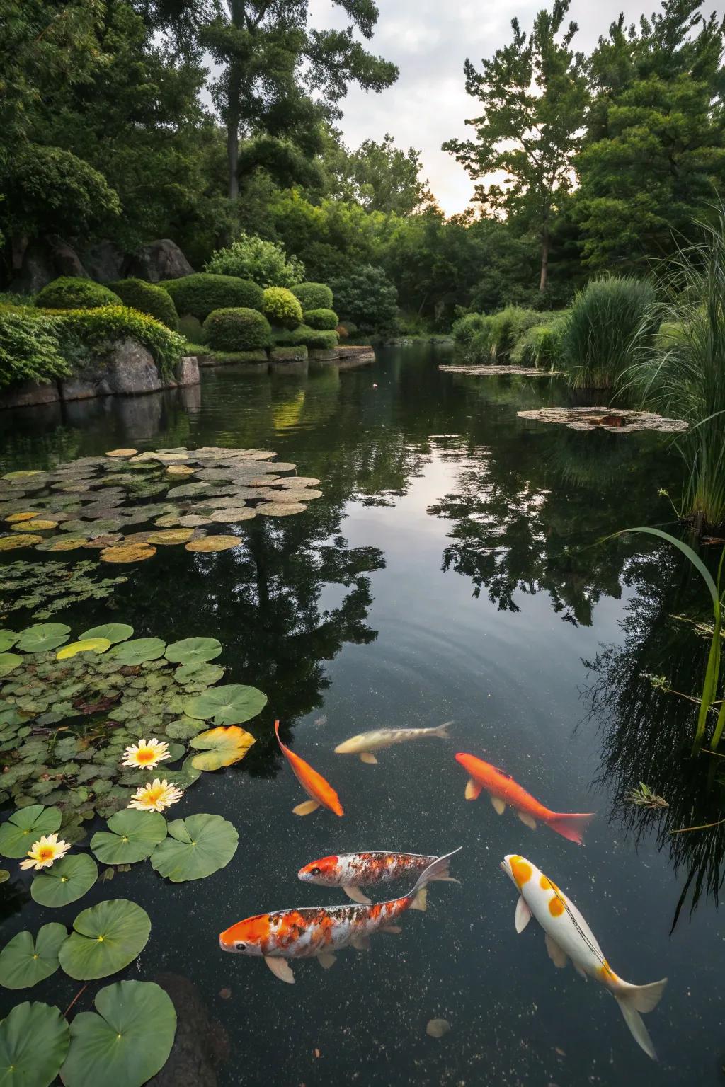 Koi fish introduce vitality and motion to water gardens.