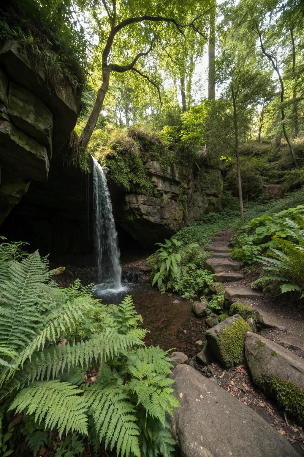 A hidden grotto waterfall crafts a magical garden escape.